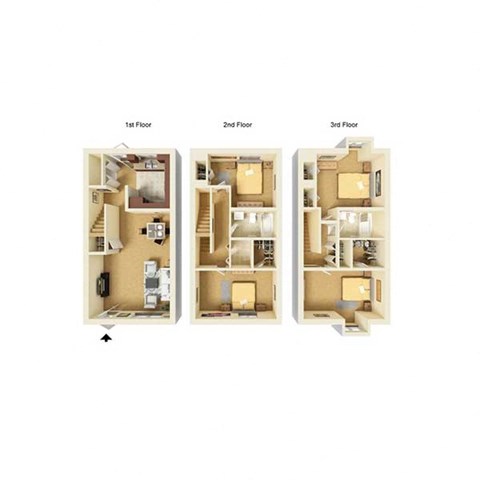 Three images of a house with the first floor, second floor and third floor labeled.